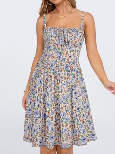 Image of YATHON Summer Mini Corset Sun Dress for Women Short Casual Square Neck Lace Up Floral Beach Vacation Dresses with Pockets