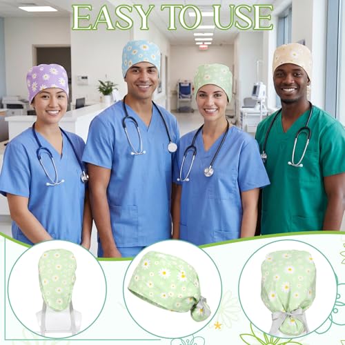 Shinymoon 6 Pcs Daisy Scrub Caps Women Nursing Bouffant Working Caps with Button Adjustable Ponytail Scrub Cap for Women - Thumbnail 6