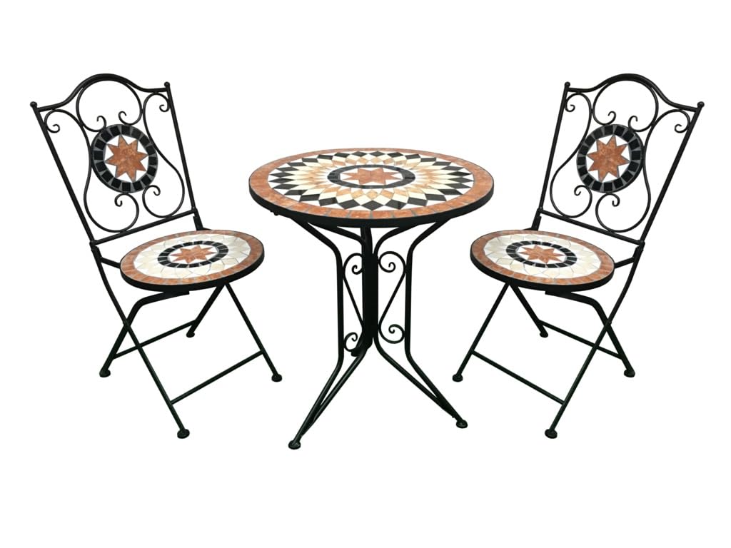 GH Bistro Set, 2 Chairs 1 Table, Ceramic Bespoke Tiled Bistro Set Mosaic for Patio| Balcony| Terrace English Country Style Gardens Weather Resistant| Folding | Creative Mosaic Designs (Burnt Orange)