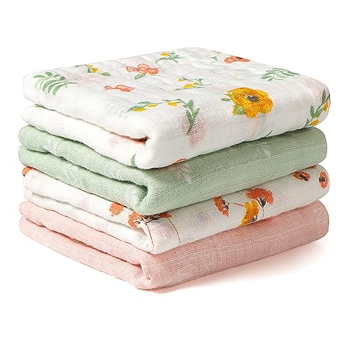Image of Viviland Baby Muslin Burp Cloths, 100% Cotton Super Absorbent Washcloths for Baby Girl and Boy, 10 x 20 inches 6-Layer Baby Bath Towels, Floral Pattern 4 Pack