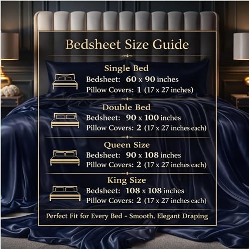 Image of SOFT SOULS Satin Bedsheet with Pillow Covers for Couples, Valentine's Day, Girlfriend, Boyfriend, Husband, Wife, or a Romantic Wedding First Night (Navy Blue, Single Bed Sheet)