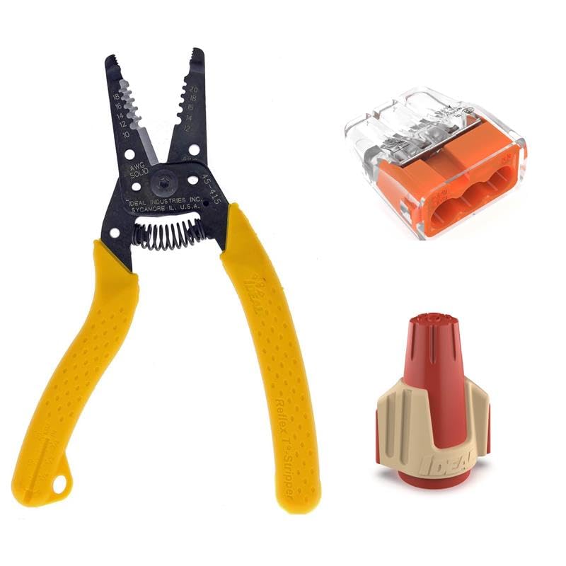 Bundle of IDEAL Electrical Premium Reflex T-5 Stripper, 3-Port Connectors and Twist-On Wire Nuts.