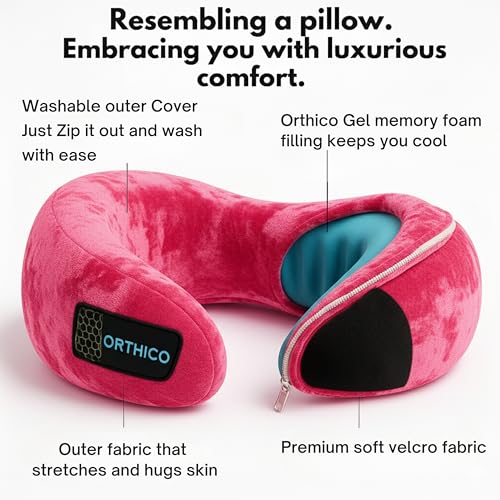 Image of Neck Pillow for Travelling, Pink | Cooling Gel Memory Foam, Ergonomic Design, For Car & Flight, Office Chair Support, Compact
