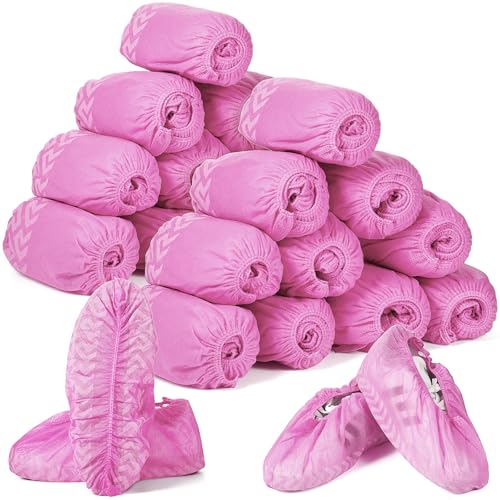 Zhanmai 300 Pack Disposable Shoe Covers Non Slip Disposable Large Foot Booties Shoe Covers for Indoors Contractors Floor and Carpet Protectors, One Size Fits Most(Pink)