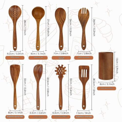 Miniatura 2 de Comfoyar Set De Utensilios De Cocina De Madera De Teca, 9 Piezas Cucharas De Madera Para Cocinar Con Espátulas Y Soporte, Resistencia Al Calor Accesorios De Cocina Para Ollas Antiadherentes