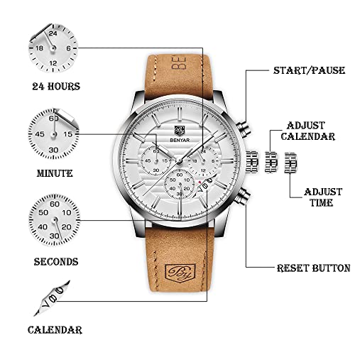 BY BENYAR Herrenuhr Mode Quarzwerk Armbanduhr Analog Chronograph Business Wasserdicht und Kratzfest Edelstahlarmband Freizeit Sportuhren fr Herren