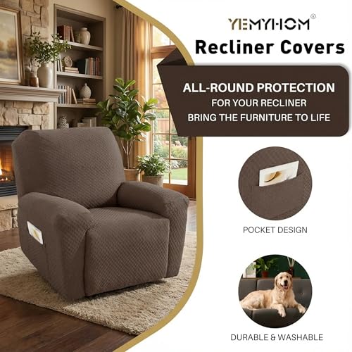 Image of YEMYHOM 4 Pieces Stretch Recliner Slipcover Jacquard Recliner Chair Cover with Side Pocket Anti-Slip Fitted Recliner Cover Couch Furniture Protector with Elastic Bottom (Recliner, Light Coffee)