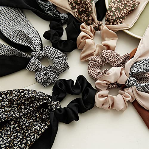 Bandana Hair Scrunchies With Ribbon Bow Scarf Scrunchies For Women, Elegant Floral Hair Ties Plaid Scarf Scrunchies (6 Pcs Double Layer) #TOP1