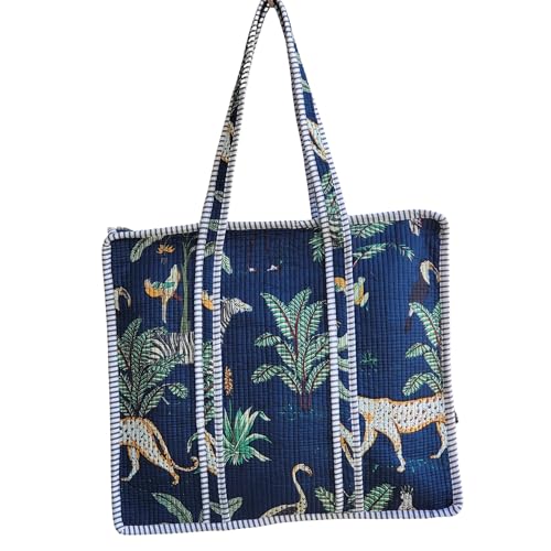 Image of 100% Cotton Jungle Print Shoulder Bag Tote Bag Women Reversible Shopping Bag and Grocery Bags Stylish Travel Bag Gift for Her