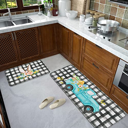 Aspmiz 2 Pcs Happy Easter Kitchen Mats, Black White Buffalo Plaid Kitchen Rug Set, Bunny Truck Kitchen Mats Washable, Anti Fatigue Kitchen Mat For Easter Home Kitchen Decor, 17'' X 47'' + 17'' X 30'' #TOP4