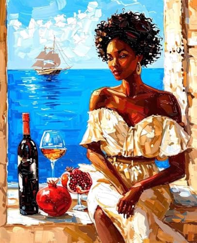 数字油絵 アフリカの女性 数字キットによる絵画 海 Paint by Numbers DIYペイント 大人の 初心者 子供用 簡単に塗れる アクリル水彩絵の具 手芸 画材 手工芸 キット 3つのペイントブラシと1つのセットのアクリル顔料を使用 ホーム オフ