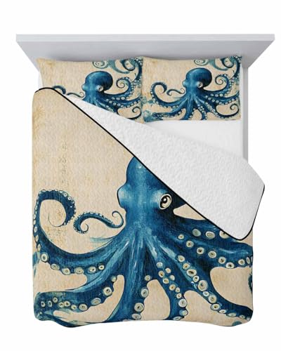 Vintage Blue Octopus Quilt Full Queen Bedding Set, Lightweight Summer Quilt with Pillow Shams 3 Pieces Summer Coastal Ocean Wave Microfiber Soft Quilt Set Bedspread Coverlet for All Seasons