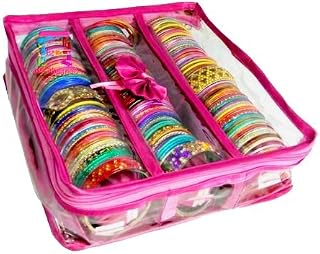 atorakushon Satin 3 Rods Jewellery Bangle Storage Box Chudi Set Organizer Zipper Makeup Pouch Travelling Bag for Women (Pink | Pack of 1)