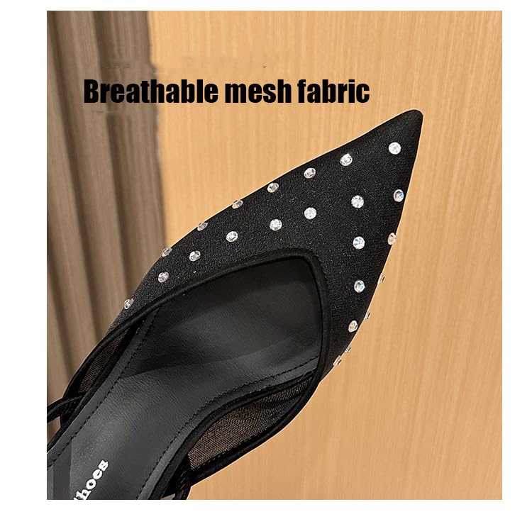 Women's Mesh Pointy Toe Slingback Heels Pearl Kitten Heels Sparkly Closed Toe Pumps Rhinestone Heeled Sandals Slip On Wedding Party Shoes4
