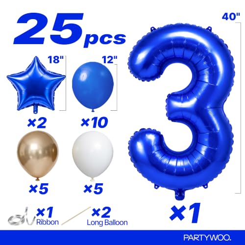 Image of PartyWoo Royal Blue Number 3 Balloon 40 Inch 25pcs Blue Star White Gold