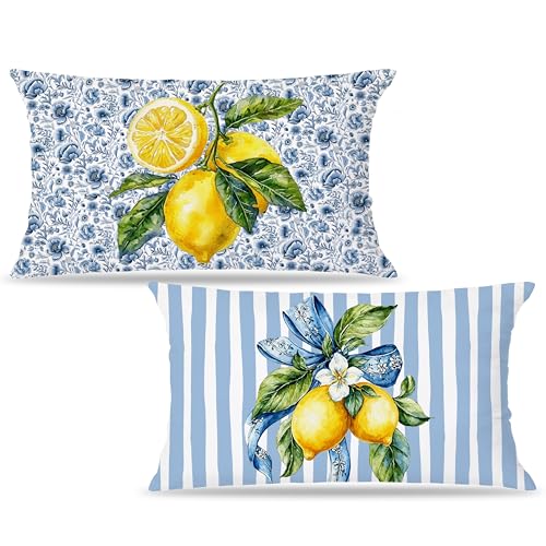 Image of Blue and Yellow Summer Italian Mediterranean Amalfi Coast Lemon Pillow Cover Decor 12x20, Striped Italian Decorative Throw Pillow Cover Decor for Couch Double-Sided Set of 2