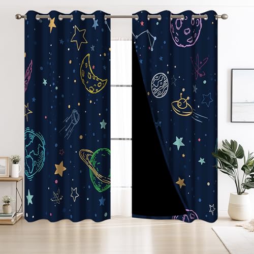 Kzzfqxb Drawing Universe Blackout Curtains, Starry Sky Planet Moon Window Drapes for Boys Bedroom Decor, Cartoon Curtain Panel with Thermal Insulated Grommet,2 Panels,Each W21 xL63