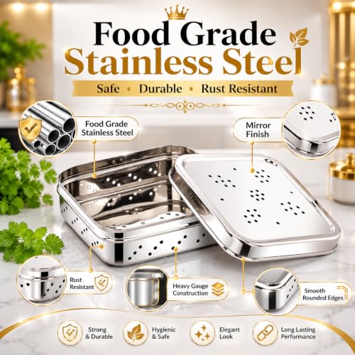 Image of Kanshita's Rasoiware Stainless Steel Coriander Storage Container with Ventilated Lid, Food Grade Kitchen Storage Box for Coriander, Mint, Curry Leaves & Spices, 11.7 x 4.5 cm, Set of 1
