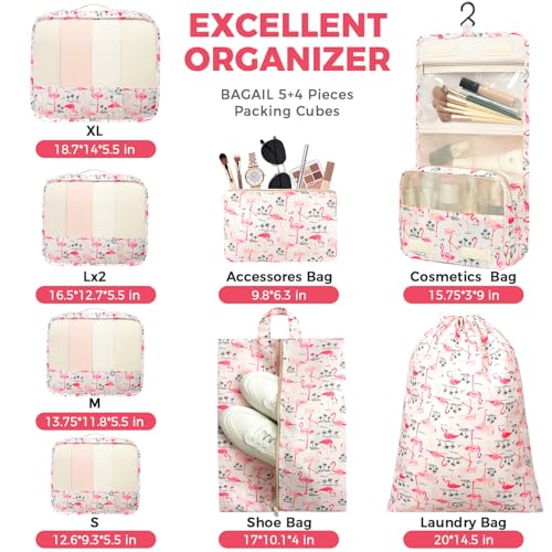 Image of BAGAIL 9 Set Packing Cubes with Packing List Luggage Packing Organizers for Travel Accessories (Flamingo)