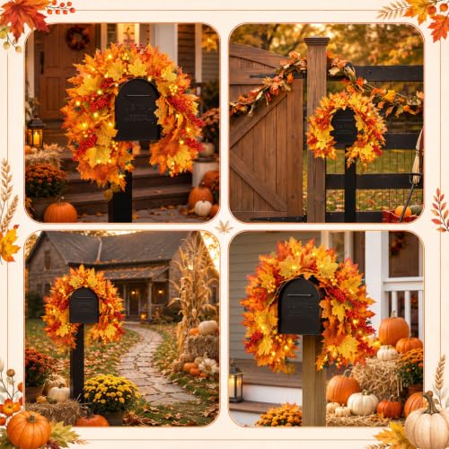 Image of Yinder Fall Mailbox Swag Decor for Outdoor Maple Leaf Wreath with Lights