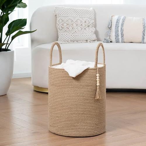Cherrynow Tall Woven Laundry Basket, Decorative Blanket Basket For Living Room, Round Wicker Basket For Towels, Clothes, Farmhouse Jute Basket For Home Decor, 15 X 17.7 Inches #TOP4