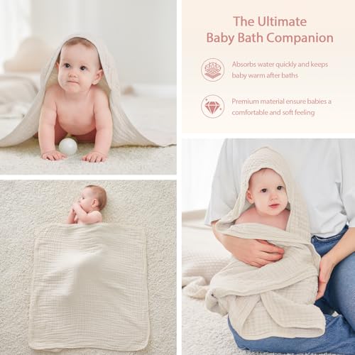 Image of Unnivoll Hooded Baby Towels for Newborn - 2 Pack, 100% Muslin Cotton, Baby Bath Towels with Hood, Soft and Absorbent for Girls Infant, Toddler and Kids, Large 32x32 Inches, Newborn Essential