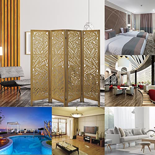 Wood Room Dividers 4 Panel, Premium Home Wooden Room Dividers Wall for Bedroom, Carved Wood Partition Room Dividers and Folding Privacy Screens for Room Office,Natural Wood