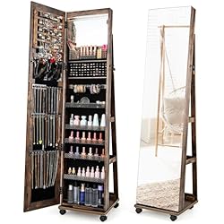Estanteria Industrial Con Ruedas COSTWAY Armario para Joyas, Espejo Joyero de Pie Con Cerradura, Organizador De Joyas Con Espejo de Maquillaje Incorporado, Luces LED De 3 Colores, Estantes Ajustables Y Ruedas Universales (Industrial)