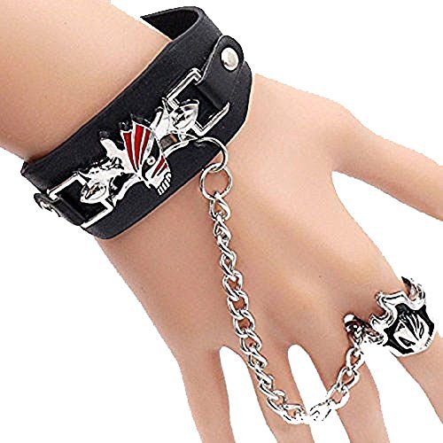 Qiroseonly Jewelry Unique Punk Anime Series Wrist Belt Buckle Style Black Pu Leather Cuff Bangle Bracelet Alloy Unisex Bracelet With Ring Cosplay Wristband And Rings (Black5) #TOP4