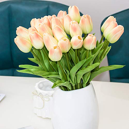 Joejisn 30Pcs Artificial Tulips Flowers Real Touch Champagne Tulips Fake Holland Pu Tulip Bouquet Latex Flowers For Wedding Party Office Home Kitchen Decoration (Champagne) #TOP3