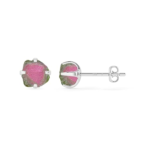 LUSTRE AND LIGHT Natural Rough Watermelon Tourmaline Stud Earrings for Women in Sterling Silver, Jewelry Gifts for Her Birthday, Anniversary, Graduation (Prong-Set, 6x5.5mm)
