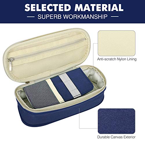 Image of MoKo Pencil Pen Marker Case, Storage Bag Pouch Stationery Organizer with Zippers for Office /School Supplies, Beige & Indigo