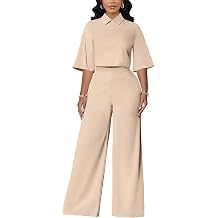 acelyn 2 Piece Pant Sets for Women Dressy 3/4 Sleeve Lapel Neck Top Wide Leg Pantsuits Business Casual Outfits