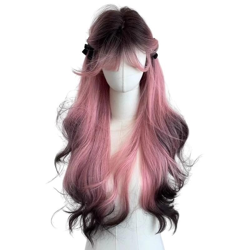 Pink Gradient Black Long Curly Wig for Women | Siamese Cat-Inspired Full Headset | Natural-Looking Synthetic Wig for Fashion & Cosplay-image-9