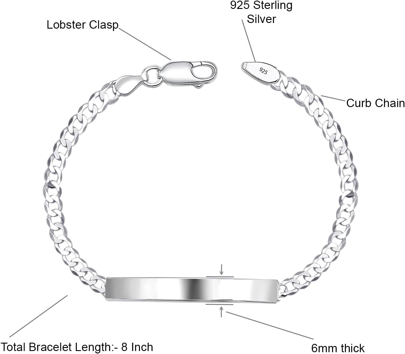 LeCalla 925 Sterling Silver ID Bracelet for Men | Cuban Link Curb Chain Identification Bar Bracelet | Classic Men’s Link Jewelry Gift for Him Dad Husband (7.5, 8, 8.5, 9 Inches)