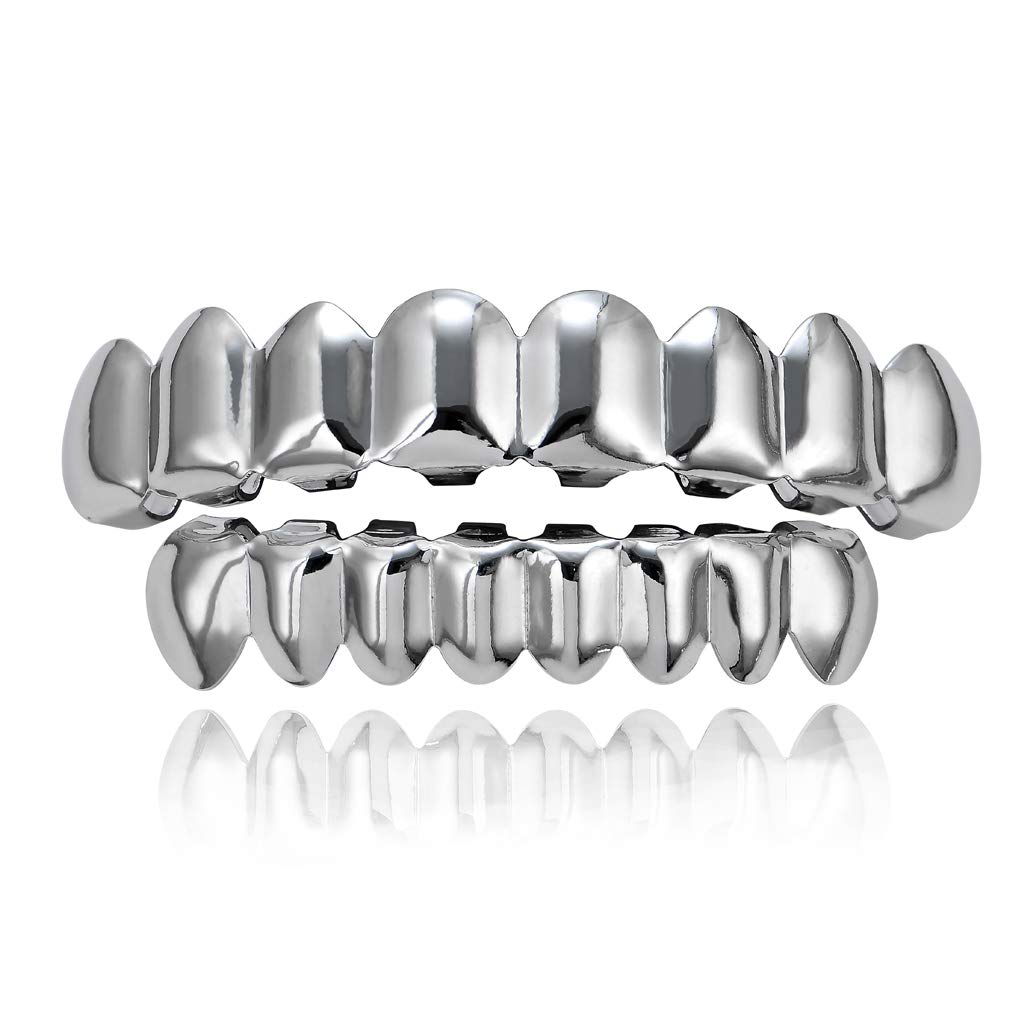 LKVLKV Silver/Gold Teeth Grillz for Men and Women, 14K Gold Plated Hip Hop Mouth Grills for Your Teeth Top & Bottom, Rapper Costume Teeth Grillz with Extra Molding Bars