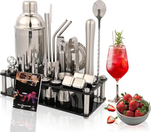 26-Piece Bartender Kit with Acrylic Stand – Premium Cocktail Shaker Set with Mixology Tools & Accessories – Professional Bar Set for Home & Party Drink Making by Multiflux - Used condition - US$21.89