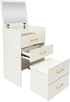 Makeup Desk with Mirror, 3 in 1 Compact Dressing Table Visible Glass Desktop Small Make Up Table with 3 Drawers and Soft Cushioned Stool Flip Top Vanity Makeup Table for Bedroom White