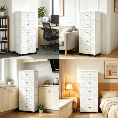 Image of uliance 5 Tiers Foldable Plastic Wardrobe Organizer for Storage, Plastic Wardrobe Drawer Cabinet, Stackable Storage Cabinet with Wheels, Baby Cupboard for Clothes Storage, Cream Cloth Organizer