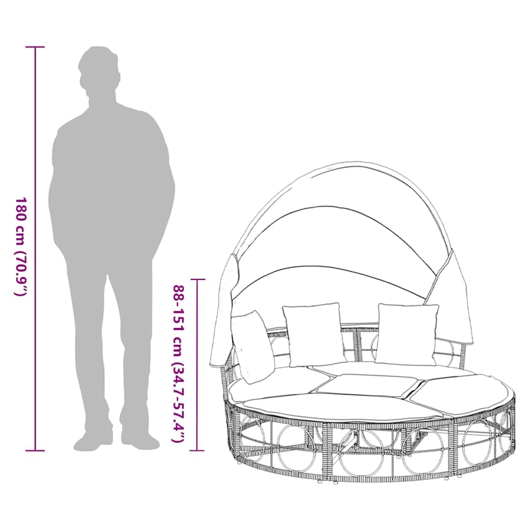 Łóżko wypoczynkowe z dachem i poduszką, czarny polirattan, odporne na warunki atmosferyczne łóżko ogrodowe z tapicerką i ochroną przed słońcem, modułowa wyspa wypoczynkowa na taras, balkon