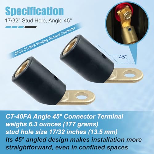 Image of 2PCS CT-40FA Welding Terminal Connector, Welding Lug Connector Adapter, for Lenco Style LC-40 LC-40HD Male Leads Connectors, 17 /32 inch Stud Hole, Angle 45, 08030