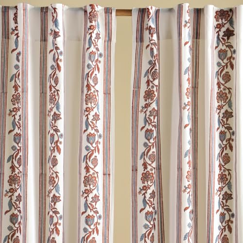 Image of Peepul Tree Handprinted Sheer Cotton Door Curtains in Striped Offwhite, Navy & Maroon | 7 Feet | Pack of 2 | Mulmul /Voile Fabric | Back Loop Curtains | 30-40% Light Filtering | Breathable Drapes