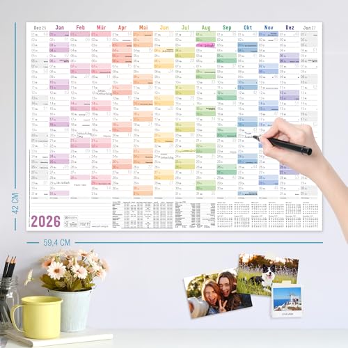 Häfft® Wandkalender 2026 A2 gefalzt (59,4 x 42 cm) Rainbow Wandplaner mit Ferien- und Feiertags-Übersicht, inkl. Gratis A3 + A4 Kalender - nachhaltig & klimafreundlich