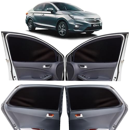 Image of OTO2EYE Car Sun Shade Compatible for Honda City Model-2020 to 2022, Z-Black Super Magnetic Grip, Front Window Zipper, Side Window Curtains, 4 Pieces Set