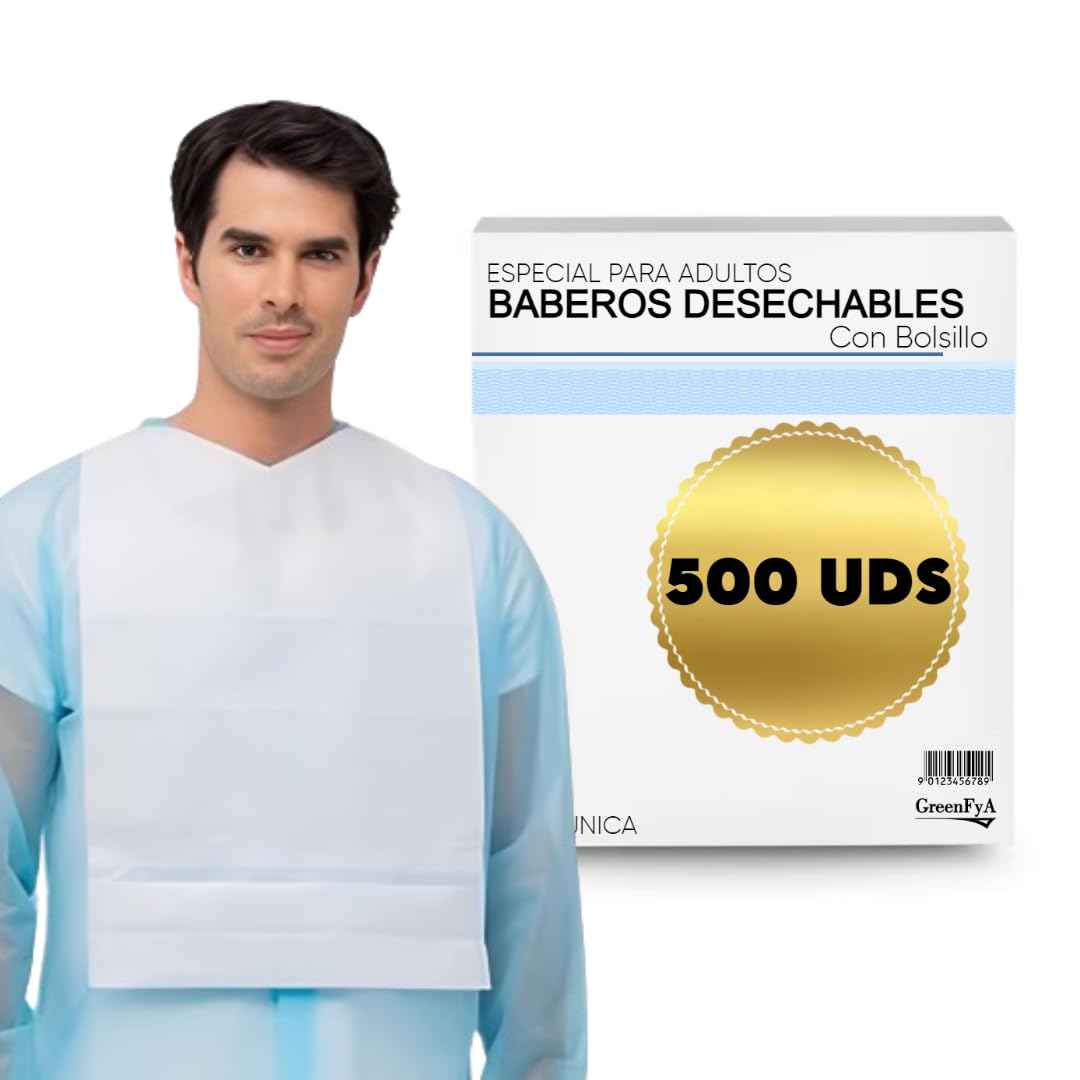 Baberos Adultos, Desechables 500 Uds – Impermeables, con Bolsillo Recoge Líquidos – Uso Médico, Geriátrico, Clínica, Ancianos, Comedor, Higiene, Un Solo Uso, Cuidado Diario, Hospitales