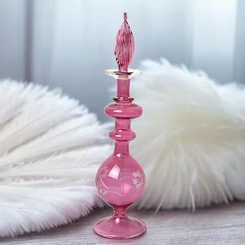 Ornamenta Pink Hand Blown Glass Perfume Bottle Refillable Essential Oil Bottle with Engraved Glass Decorative Fragrance Decanter for Vanity Display or Gift for Her Reusable Perfume Bottle