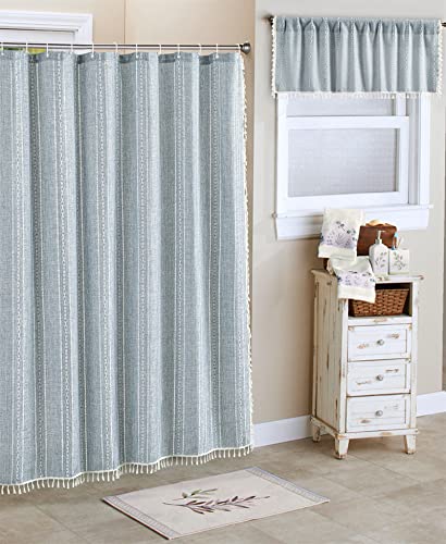 Roomtalks Blue Modern Farmhouse Shower Curtain With Tassels, Country Cottage Bathroom Decor Striped Minimal Boho Chic Texture Linen Bohemian Bathroom Shower Curtain Set With Hooks, 72X72 #TOP1