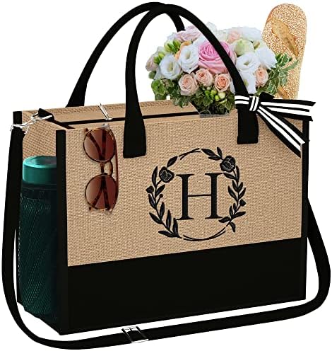YOOLIFE Personalized Gifts for Women Initial Tote Bag - Letter H Embroidery Monogram Women's Tote Bag Bridesmaids Gifts Teacher Mom Gifts Reusable Grocery Bags for Beach Shopping Picnic Travel