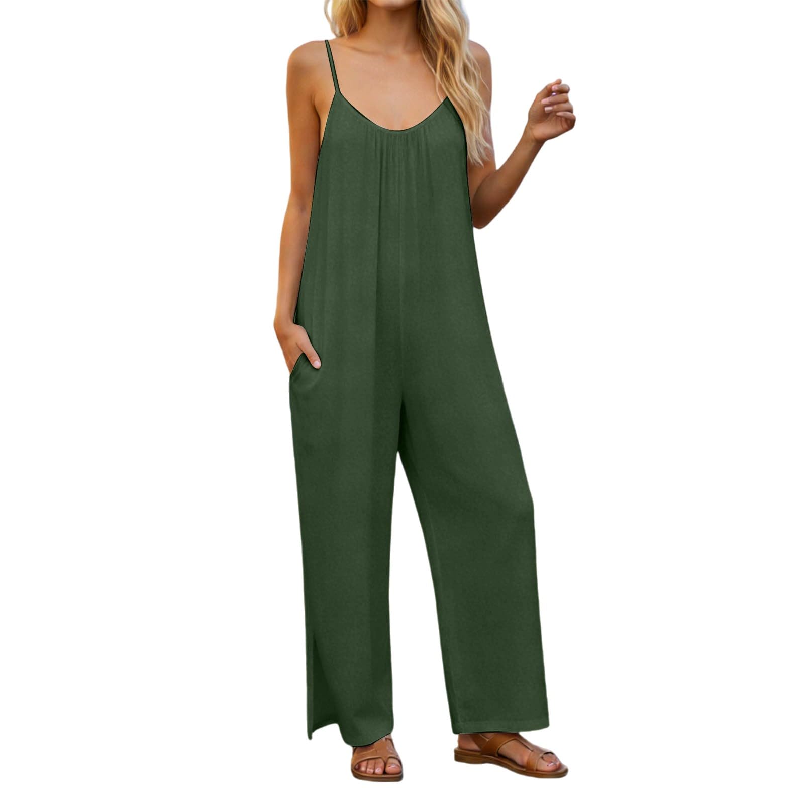 Mono Mujer Verano Largo Sin Mangas Cuello en V Elegante Peto Mujer Verano Casual Espaguetis Monos Pantalón Elegante Sueltos Jumpsuit con Bolsillos Informal Playa Fiesta Playsuit