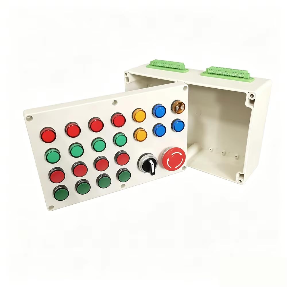 Scatola di pulsanti di debug PLC con 24 fori e 30 terminali, strumento di addestramento PLC personalizzabile per esercitazioni pratiche di elettricisti.
